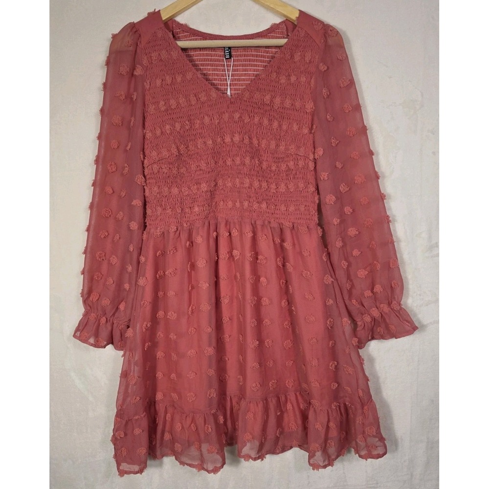 NWT BTFBM Women Medium Pink Swiss Dot Smocked V Neck Long Sleeve Mini Dress - Picture 2 of 12